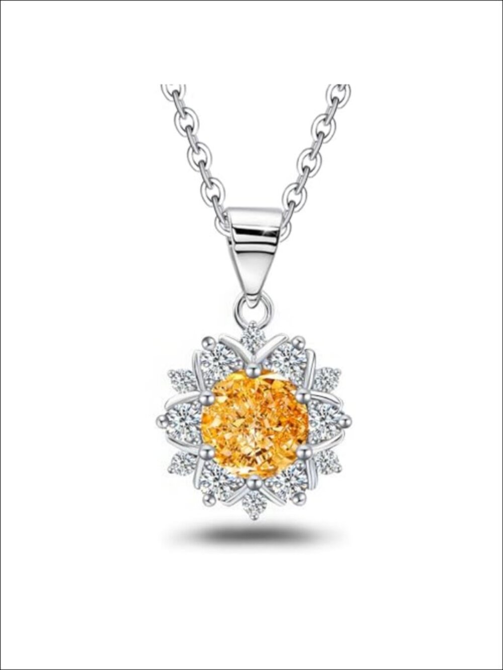 925 Sterling Silver CZ Pendant Necklace Halo Citrine Style Round Charm